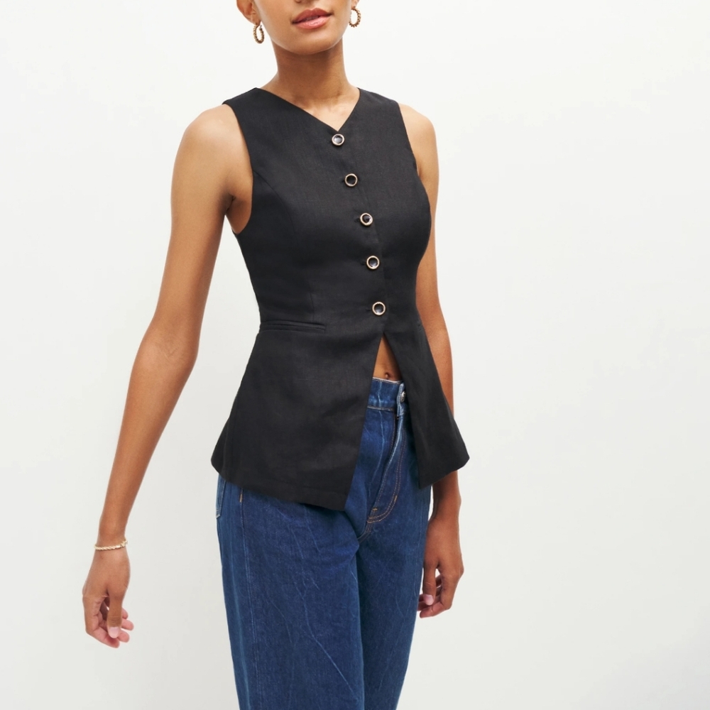 Reformation Black Sleeveless Peplum Button-Front Top